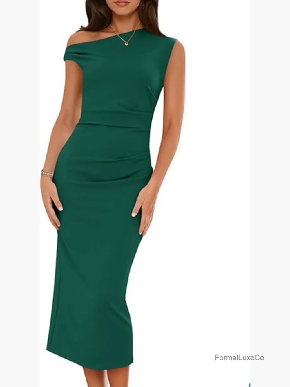 Elegant One Shoulder Midi Bodycon Dress Ruched Slit Cocktail Formal - Picture 1 of 5